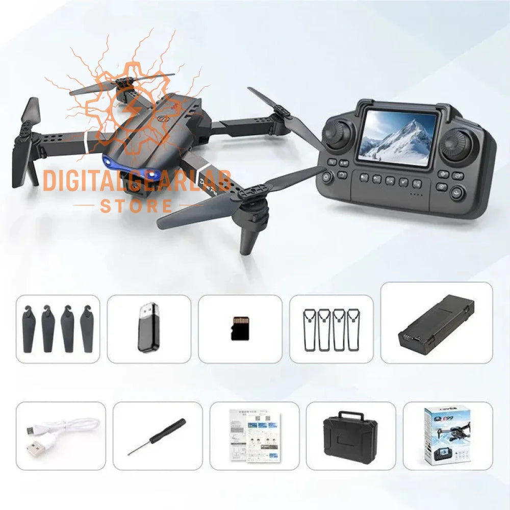 Black and silver drone with a 4-inch screen remote control, foldable arms, and multiple propellers.