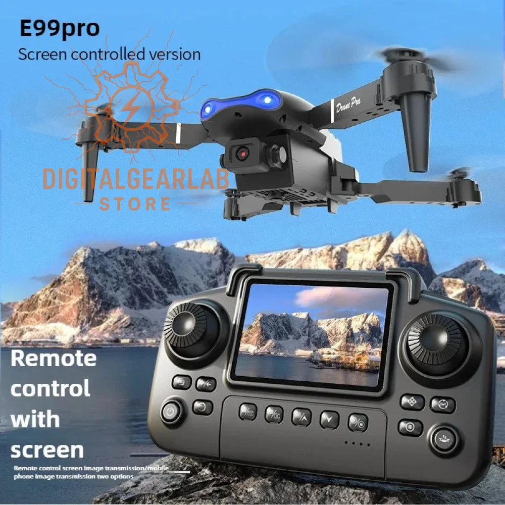 E99pro drone with screen-controlled remote control, black body and blue accents.