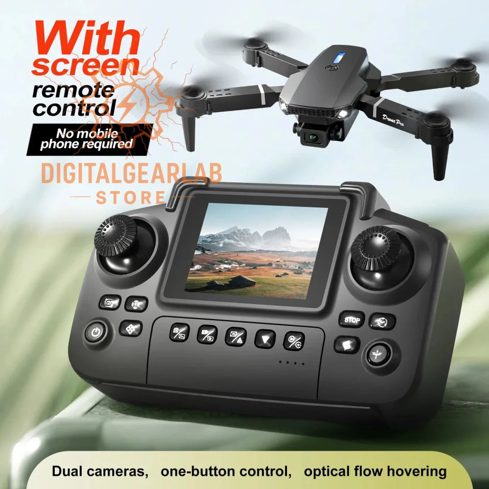 Black and silver drone with dual cameras, one-button control, optical flow hovering capabilities.