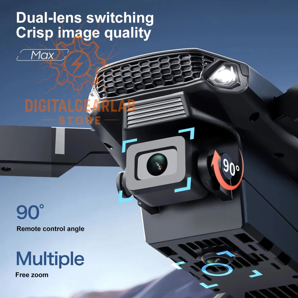 Black drone with dual-lens switching and crisp image quality, 90-degree remote control angle for free zoom.