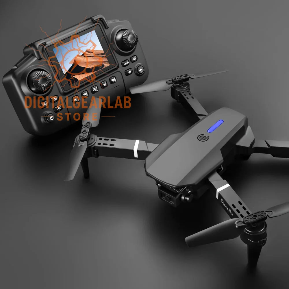 Black foldable drone with propellers and camera