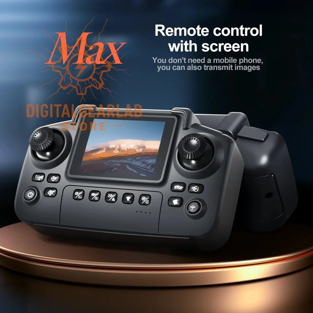 Black max remote control with screen and buttons, sleek design.