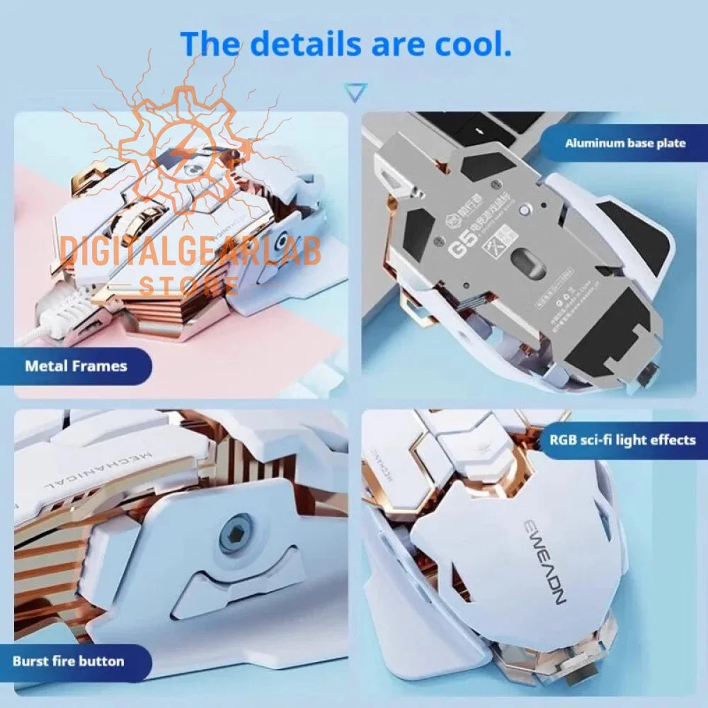 White and gold gaming mouse with metal frames, burst fire button, rgb sci-fi light effects.