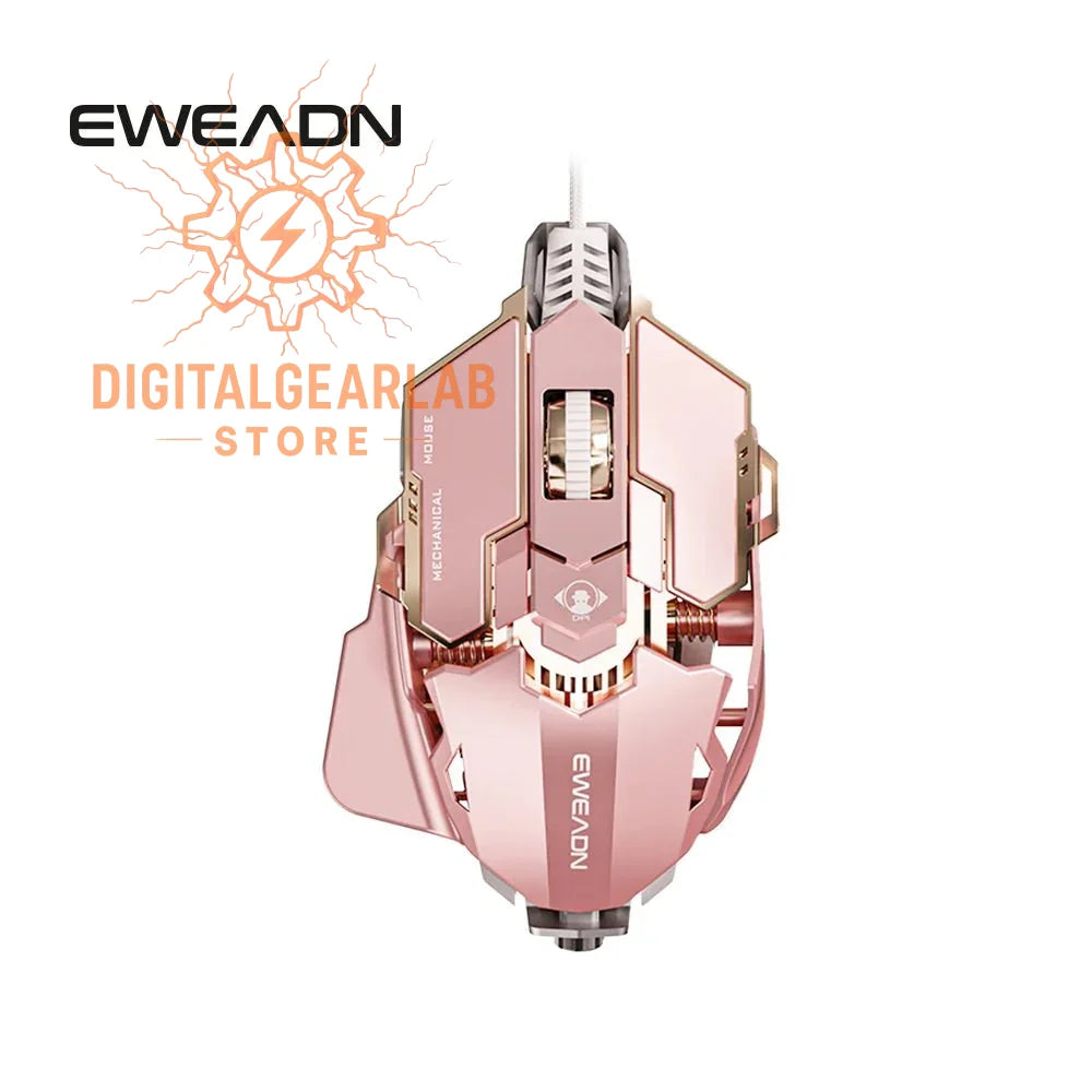 Rose gold gaming mouse with ergonomic design and multiple buttons, featuring a sleek metallic finish.
