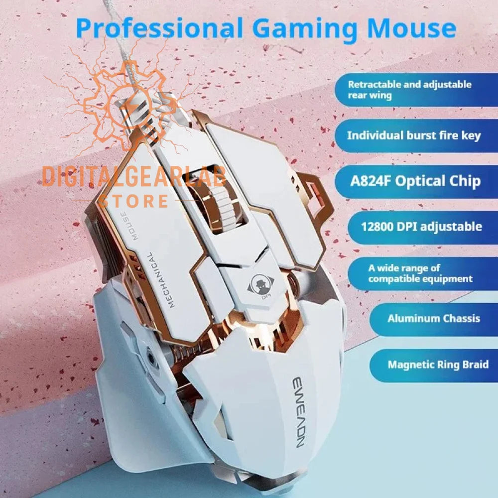 White and gold gaming mouse with retractable wing, optical chip, adjustable dpi, aluminum chassis.