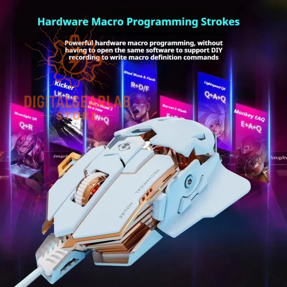 White and gold gaming mouse with ergonomic design, illuminated buttons, usb cable.