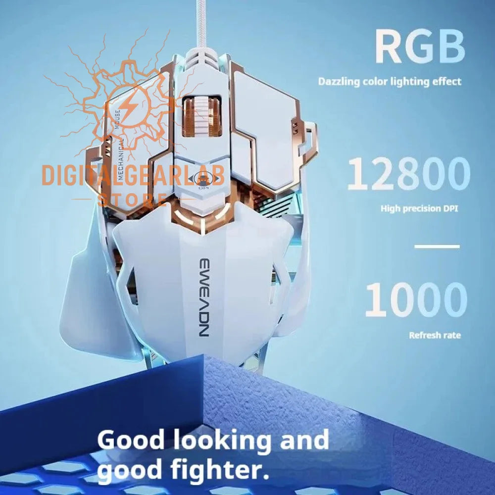 White and gold gaming mouse with rgb lighting, high precision dpi, 1000 refresh rate.