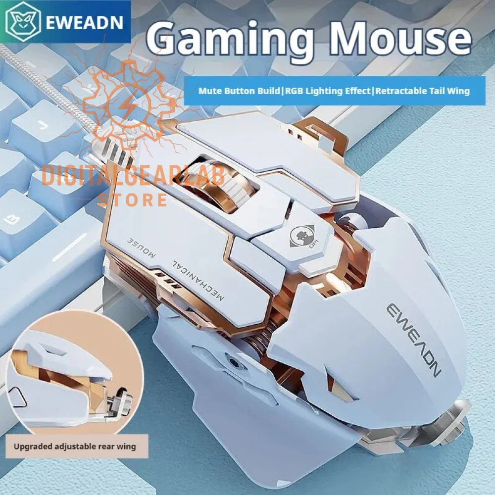 White and gold gaming mouse with retractable tail wing, mute button build, rgb lighting effect.