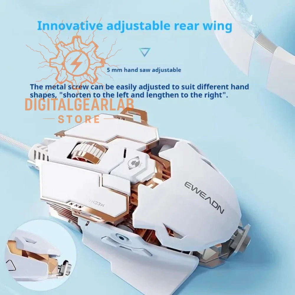 White gaming mouse with gold accents and adjustable rear wing design.