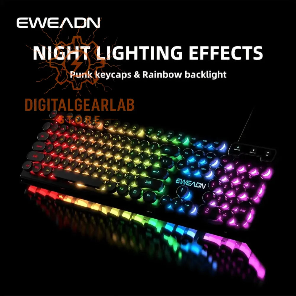 Rainbow-lit eweadn gaming keyboard with punk keycaps and black frame.