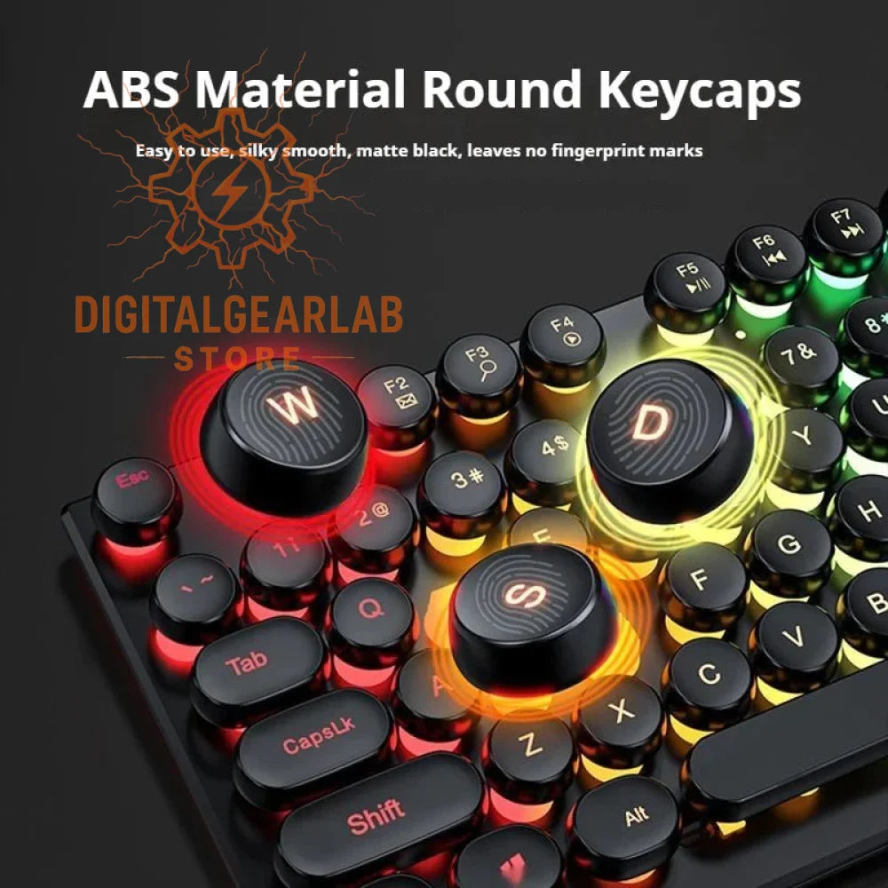 Abs material round keycaps with matte black finish and colorful backlighting.