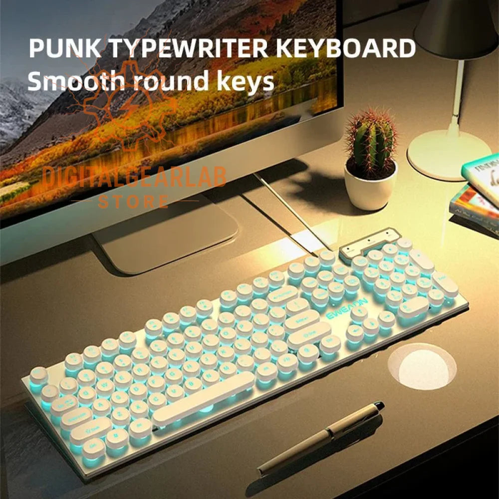 White and blue retro typewriter keyboard with smooth round keys.