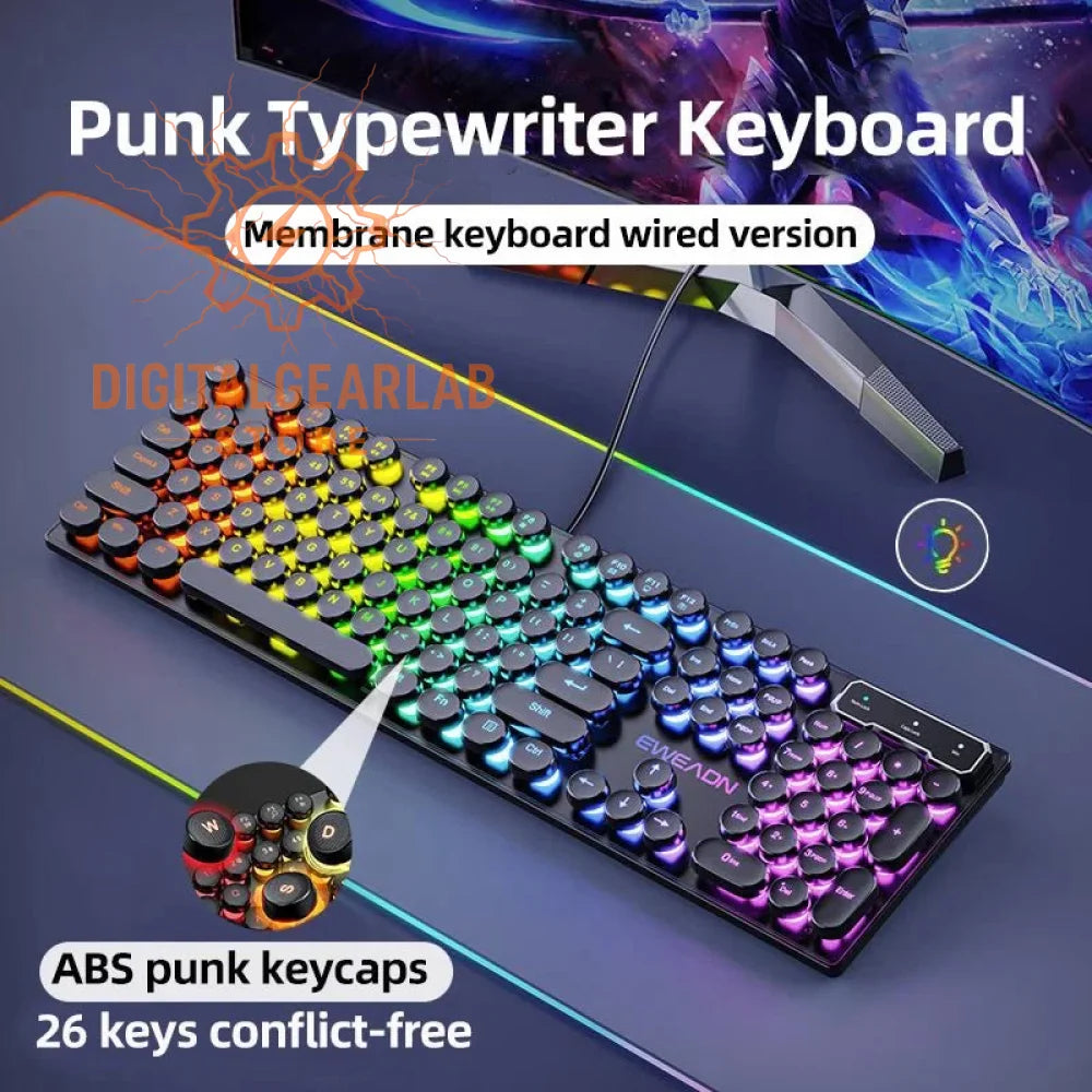 Punk typewriter keyboard with abs keycaps and membrane wired design, featuring colorful rainbow backlighting.