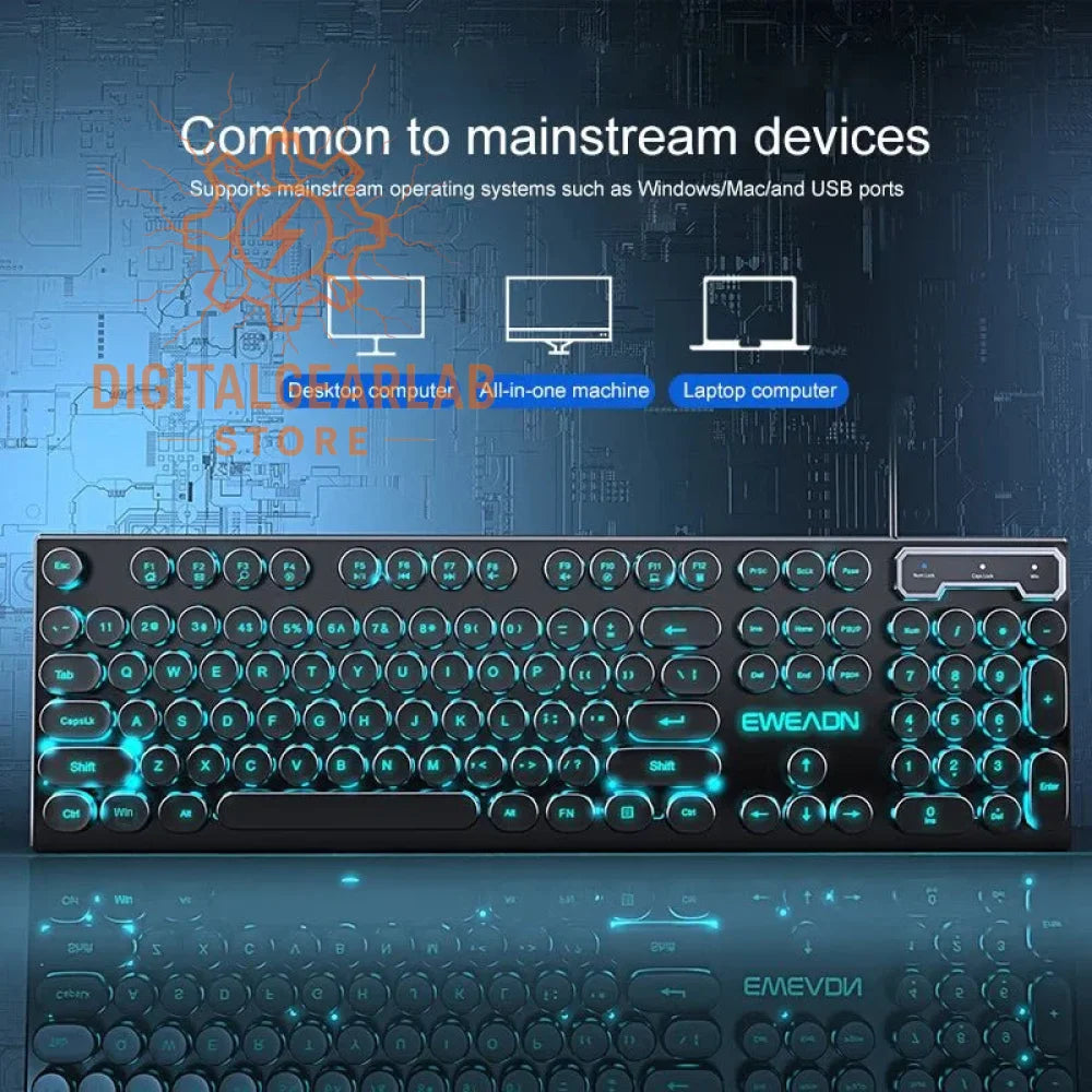 Black and blue backlit gaming keyboard with illuminated keys, emevom brand.