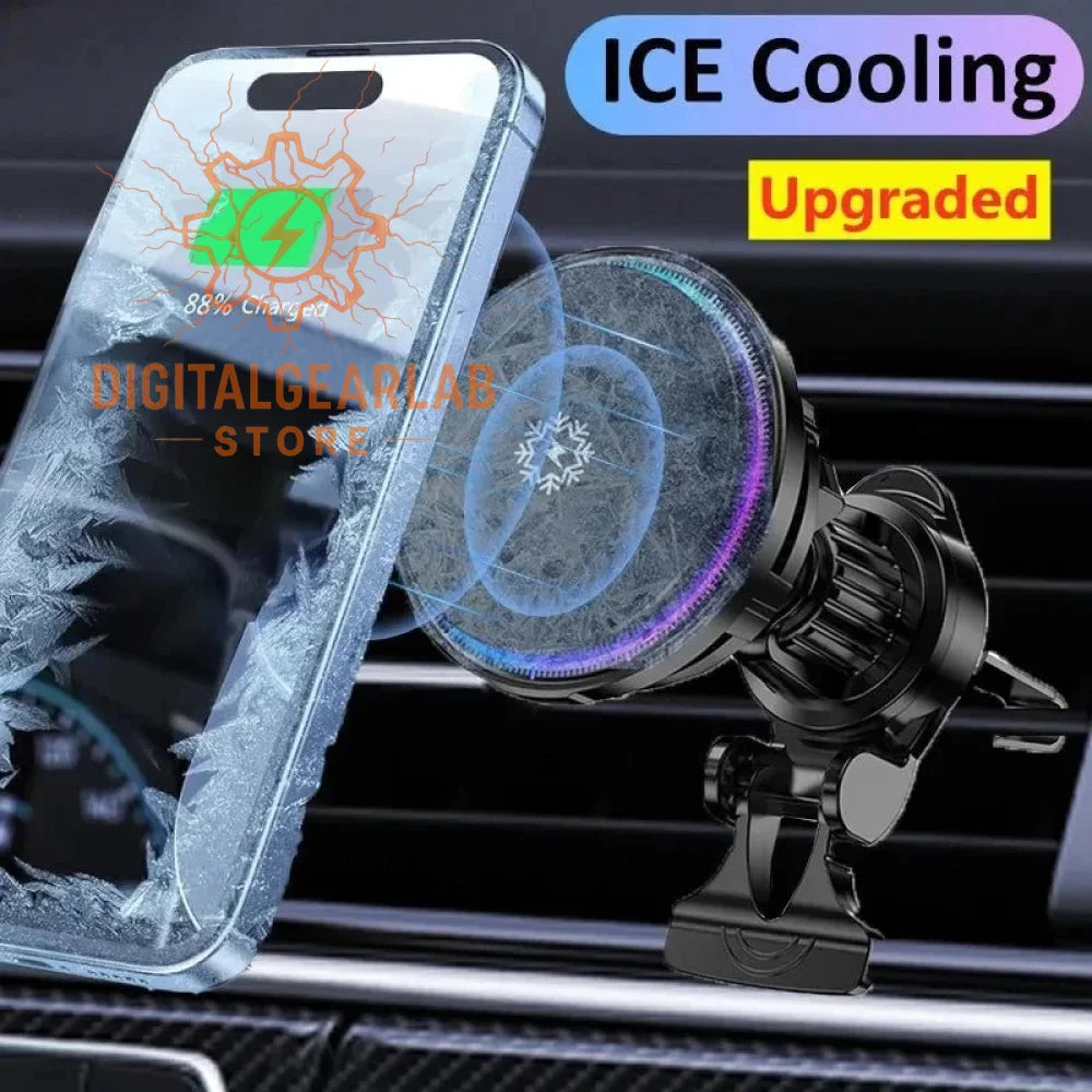 Magnetic car phone holder with ice cooling feature, black and silver design