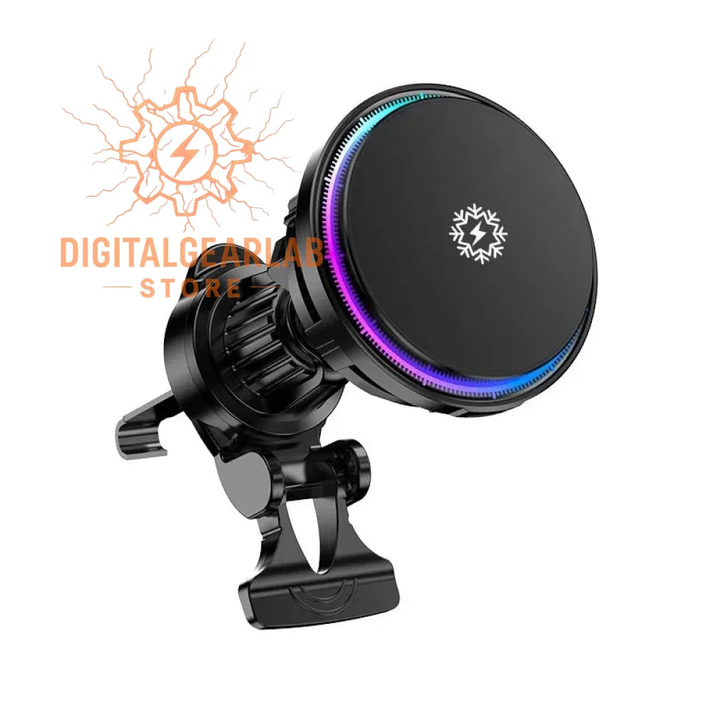 Black magnetic wireless charger with rainbow glow ring and adjustable arm for car mount, compatible with qi standard.