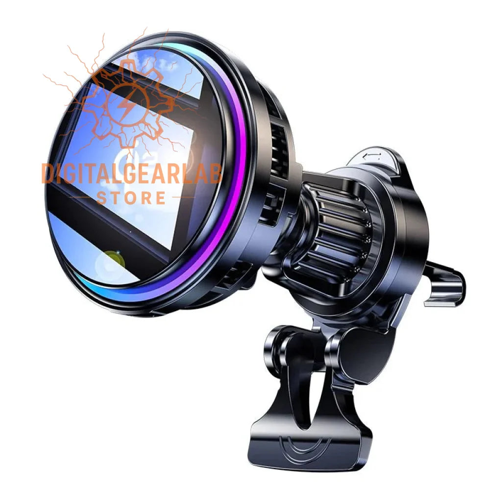 Black qi2 car phone holder with rainbow accent ring and adjustable arm.