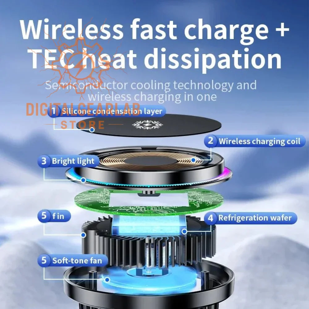 Black wireless charging pad with blue accents and cooling fins.