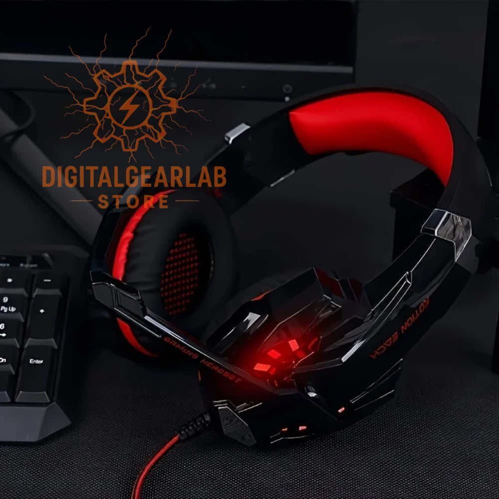 Black and red gaming headset with adjustable headband, microphone, led lights, and ear cups.