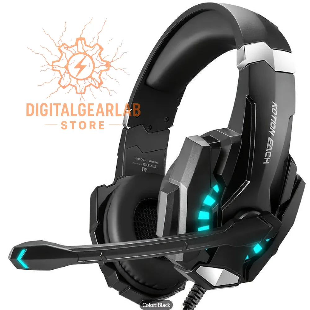 Black gaming headset with teal accents and adjustable microphone, likely from kotion each brand.