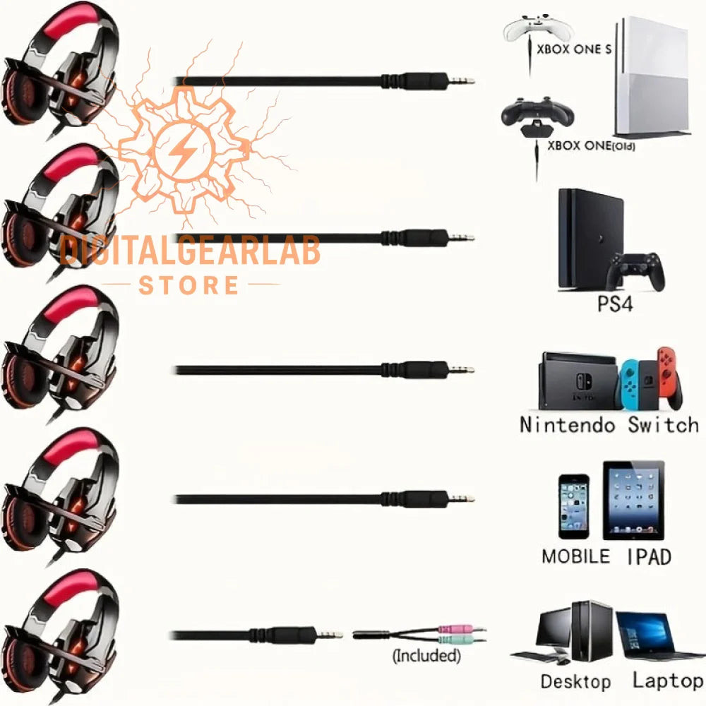 Red and black gaming headset with microphone, adjustable headband, padded ear cups, detachable cable, compatible with xbox one s/xbox one elite/ps4/nintendo switch/desktop/laptop/mobile devices.