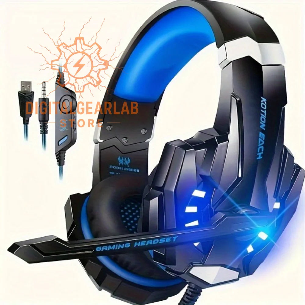 Blue and black gaming headset with illuminated lights, usb cable included.
