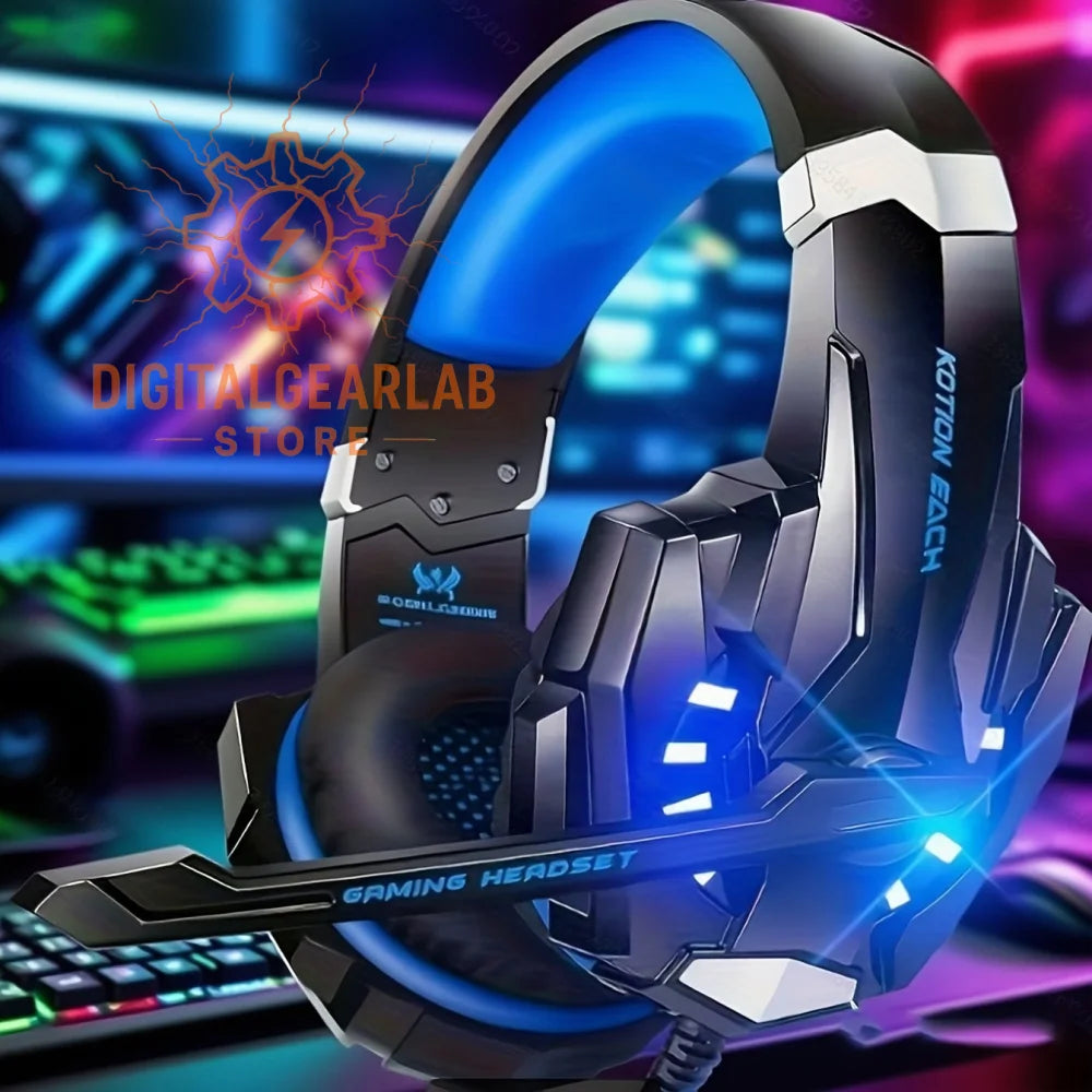 Black and blue gaming headset with illuminated lights, skull design on the side.
