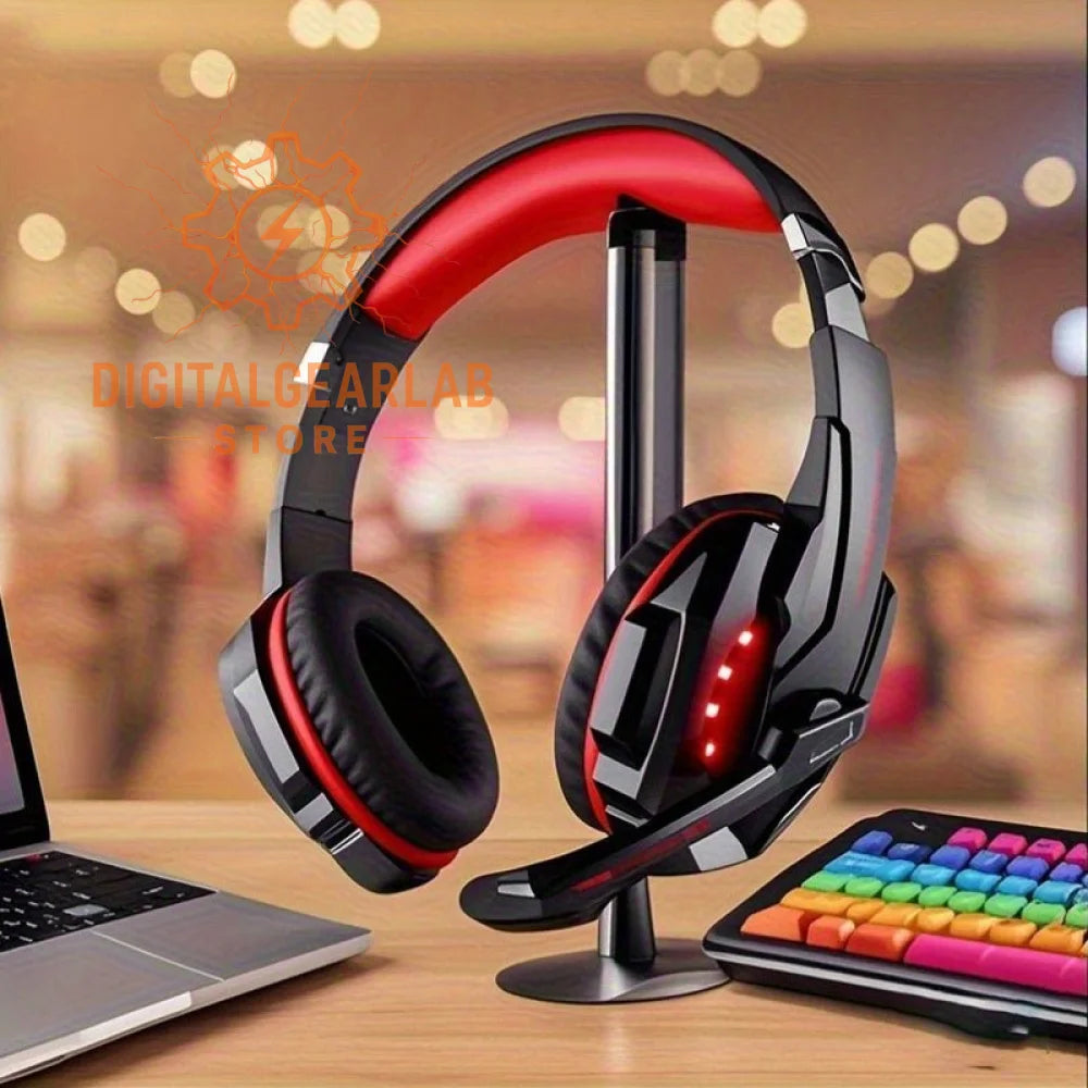 Black and red gaming headset with microphone, adjustable headband, cushioned ear cups, led lights on the side.