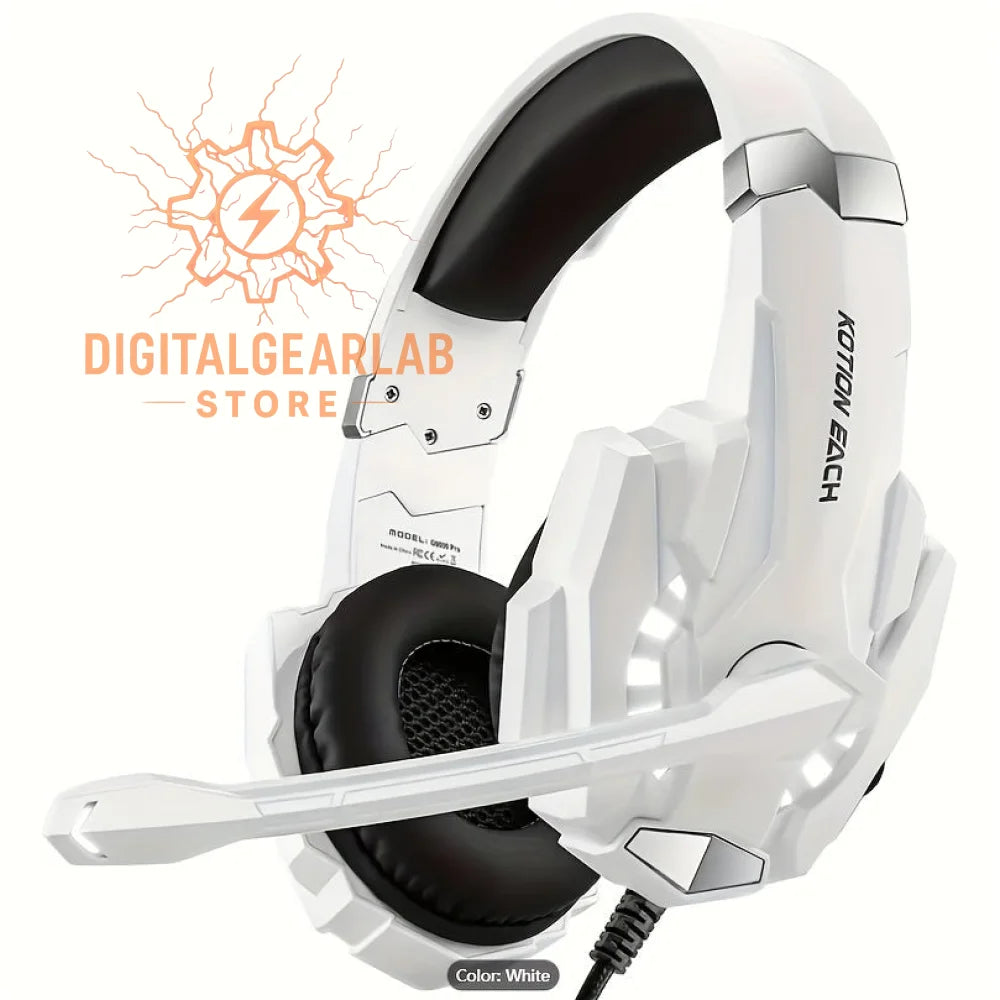 White gaming headset with black ear cups and silver accents, kotton each brand.