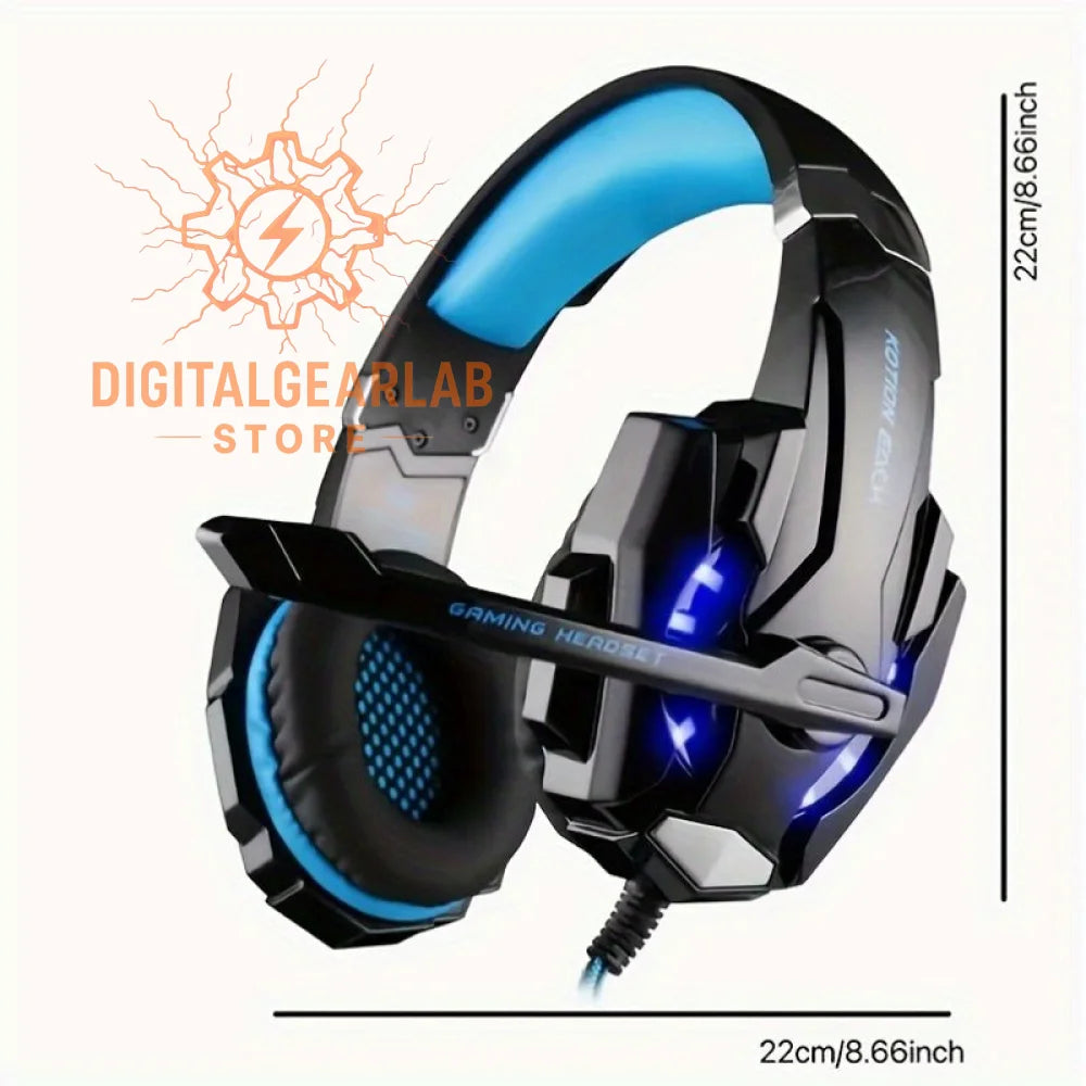 Black and blue gaming headset with adjustable headband, microphone, led lights, and ear cushions.