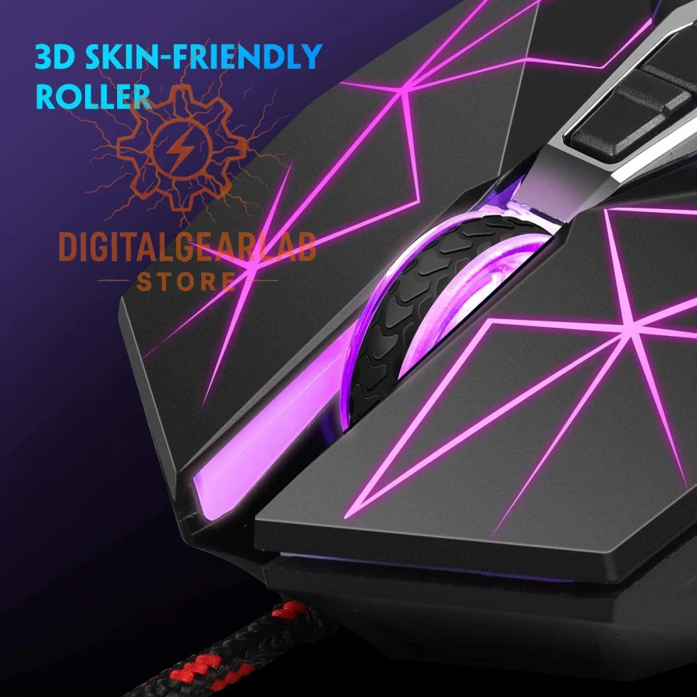 3d skin-friendly roller gaming mouse with purple accents and textured grip.