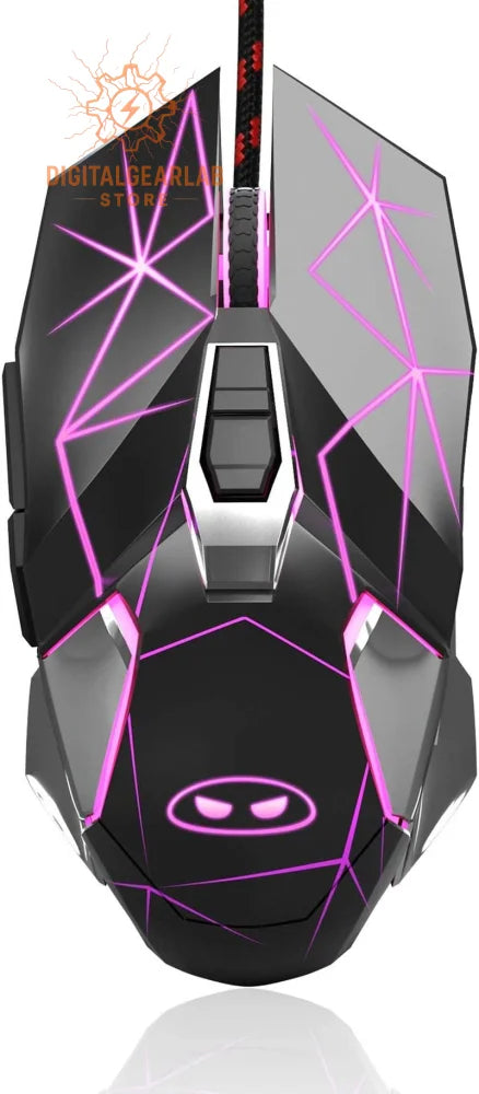 Black and purple gaming mouse with a geometric design, featuring led lights.
