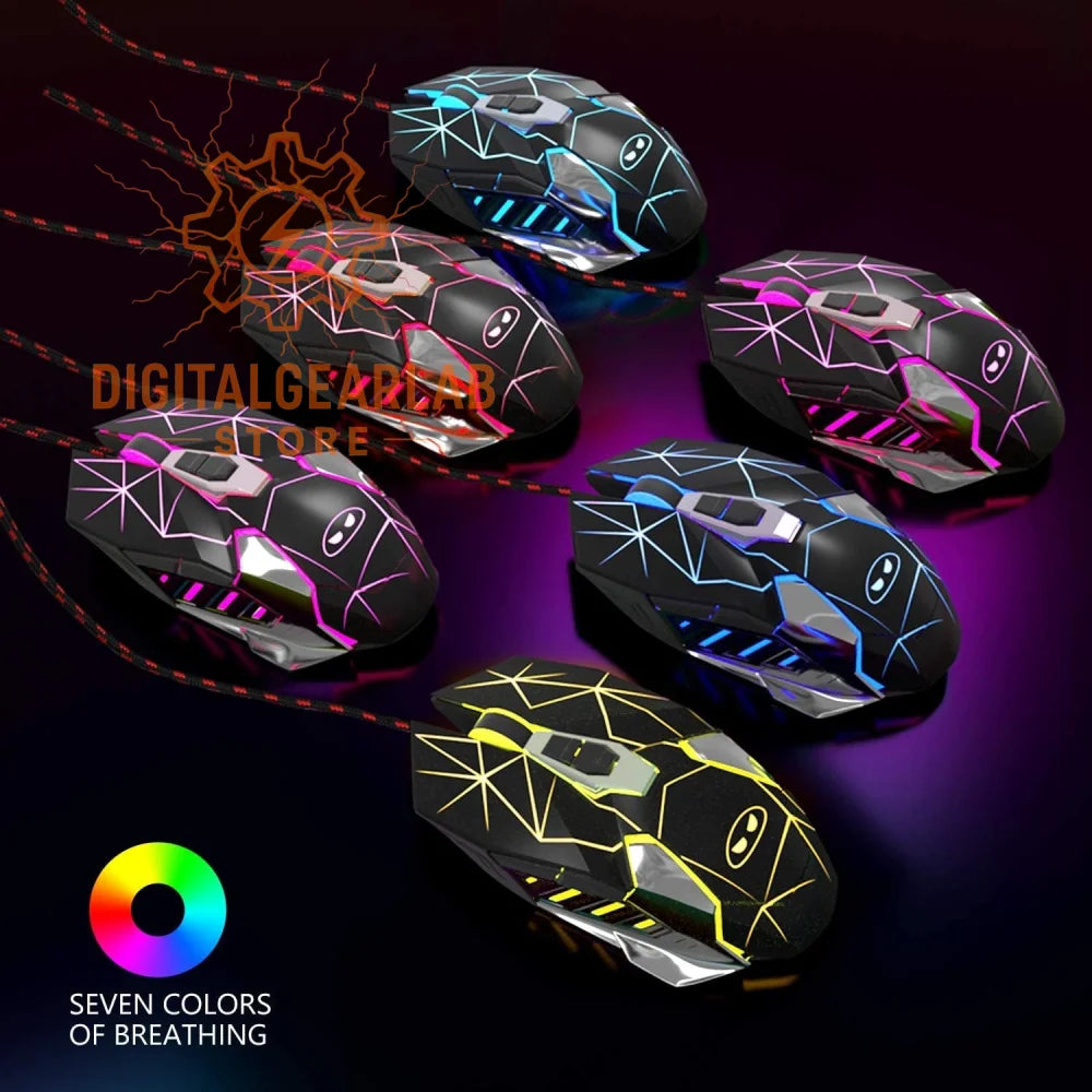 Gaming mouse with seven-color breathing lights, black body and geometric patterns.