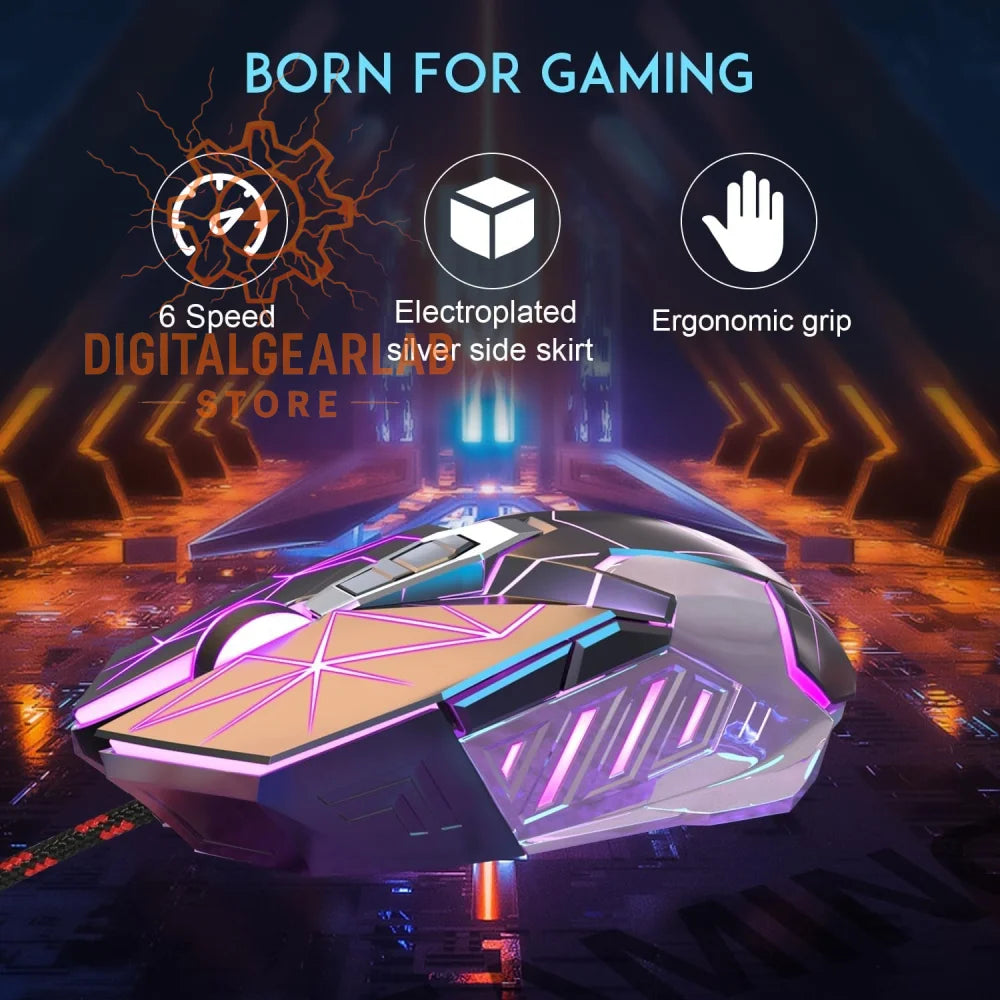 Gaming mouse with silver accents and purple led lights, ergonomic grip, electroplated side skirt.