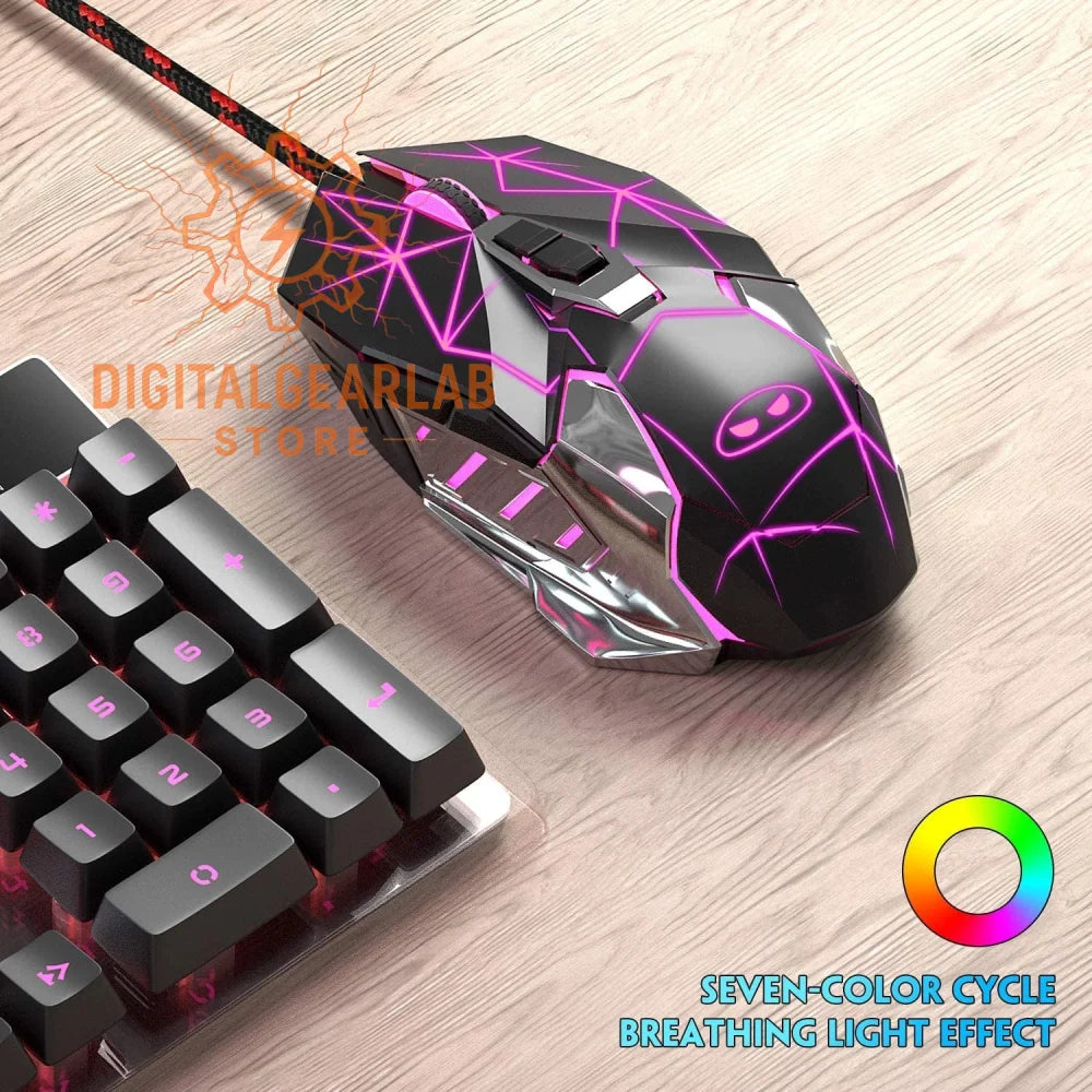 Black and purple gaming mouse with seven-color cycle breathing light effect, designed for high-performance use.
