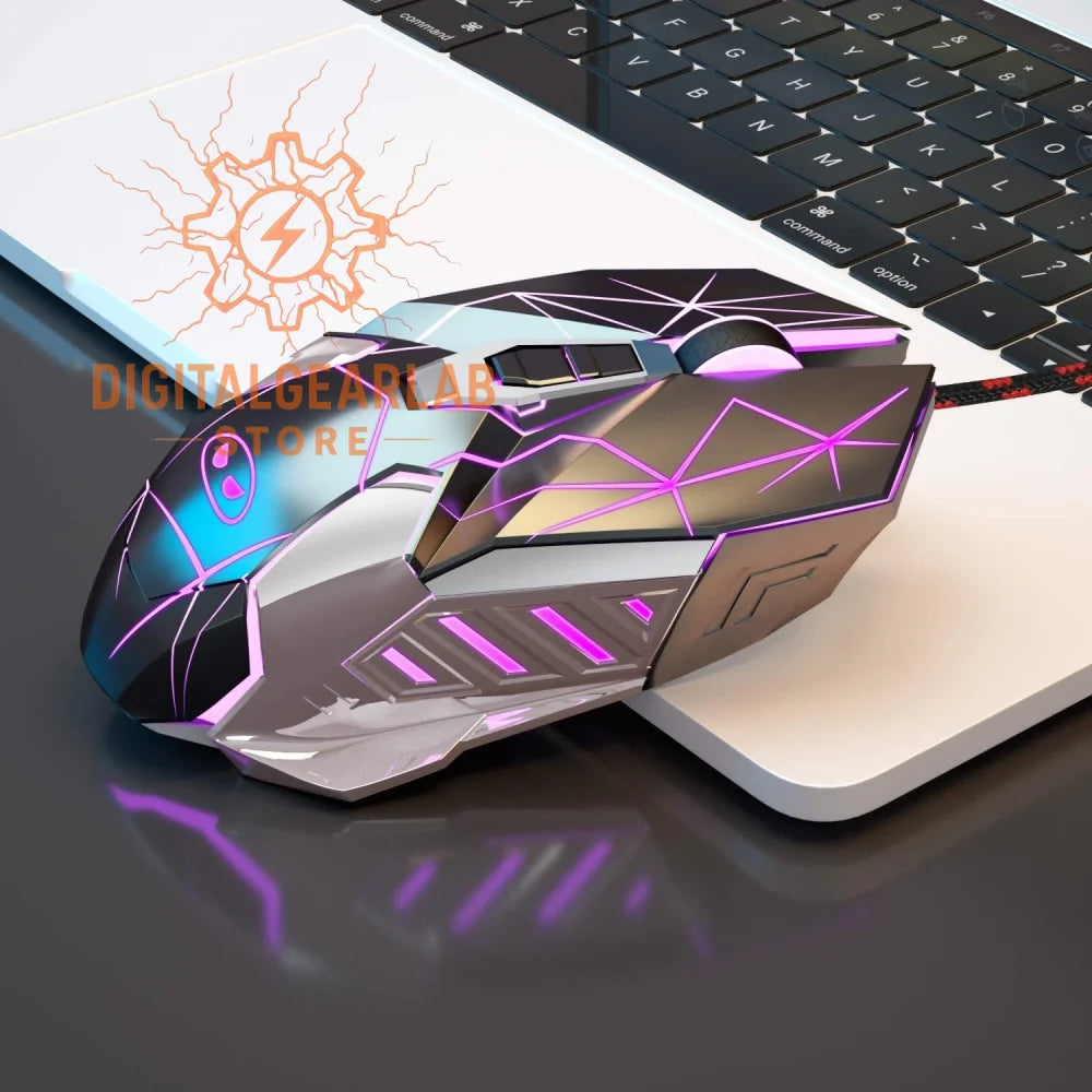 Gaming mouse with purple led lights and a sleek metallic finish.