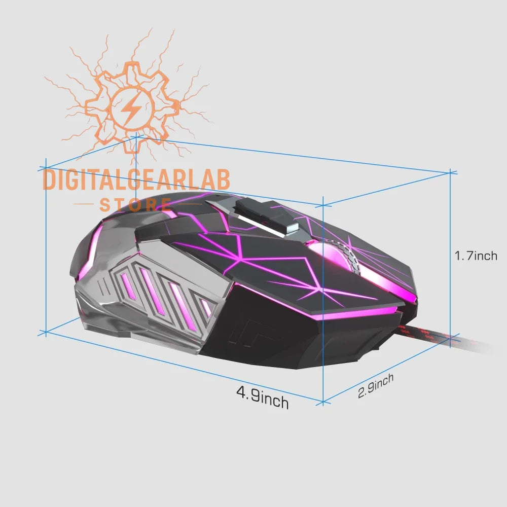 Black and purple gaming mouse with illuminated accents, ergonomic design.