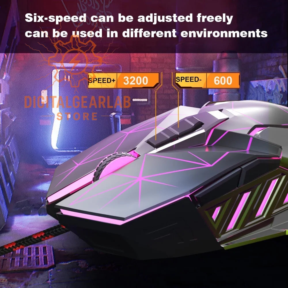 Black and purple gaming mouse with rgb lighting, ergonomic design, multiple buttons, adjustable dpi settings up to 3200.