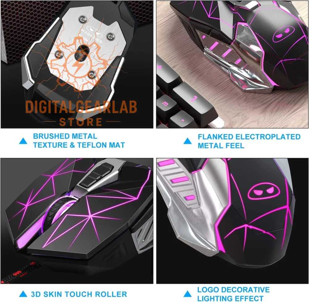 Gaming mouse with brushed metal texture, teflon mat, 3d skin touch roller and logo decorative lighting effect in black and purple.
