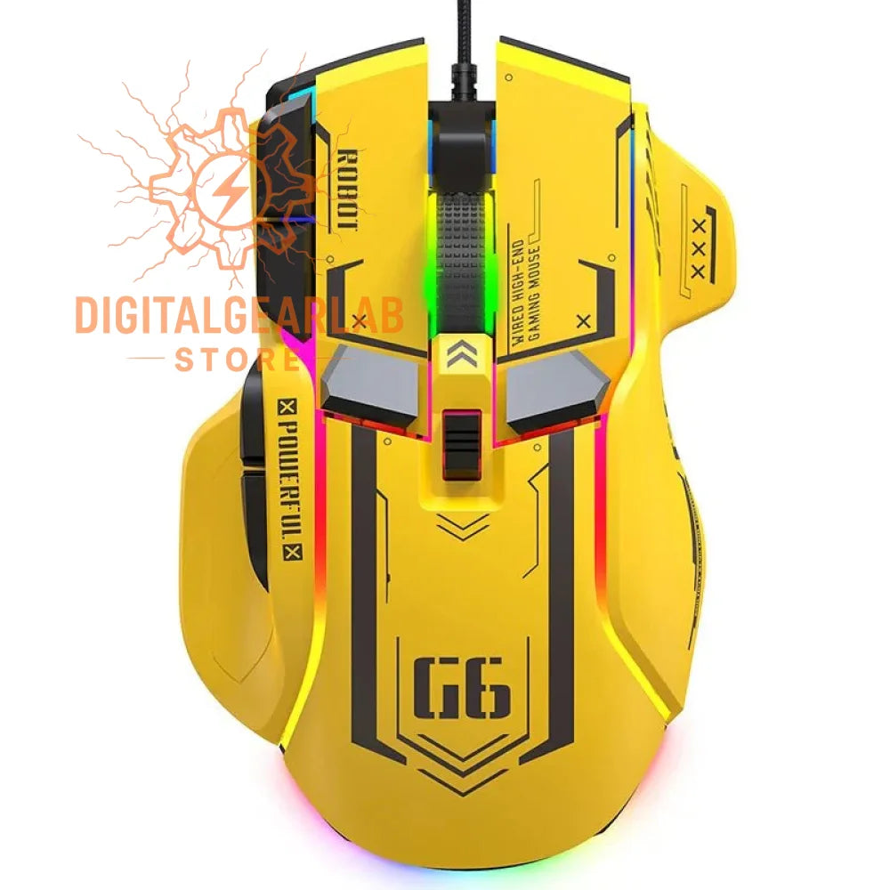 Gold gaming mouse with rgb lighting and ergonomic design, featuring a sleek metallic finish.