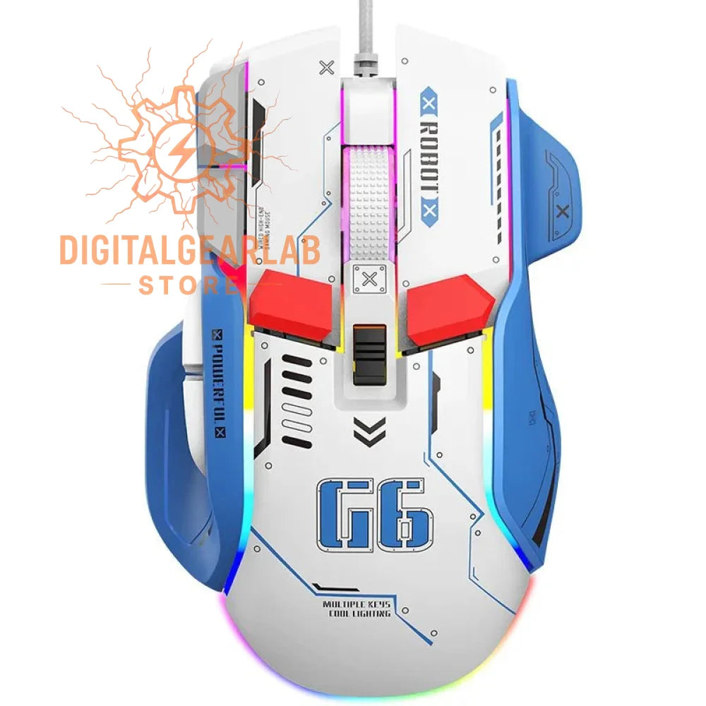 White gaming mouse with blue and red accents, featuring a futuristic design.