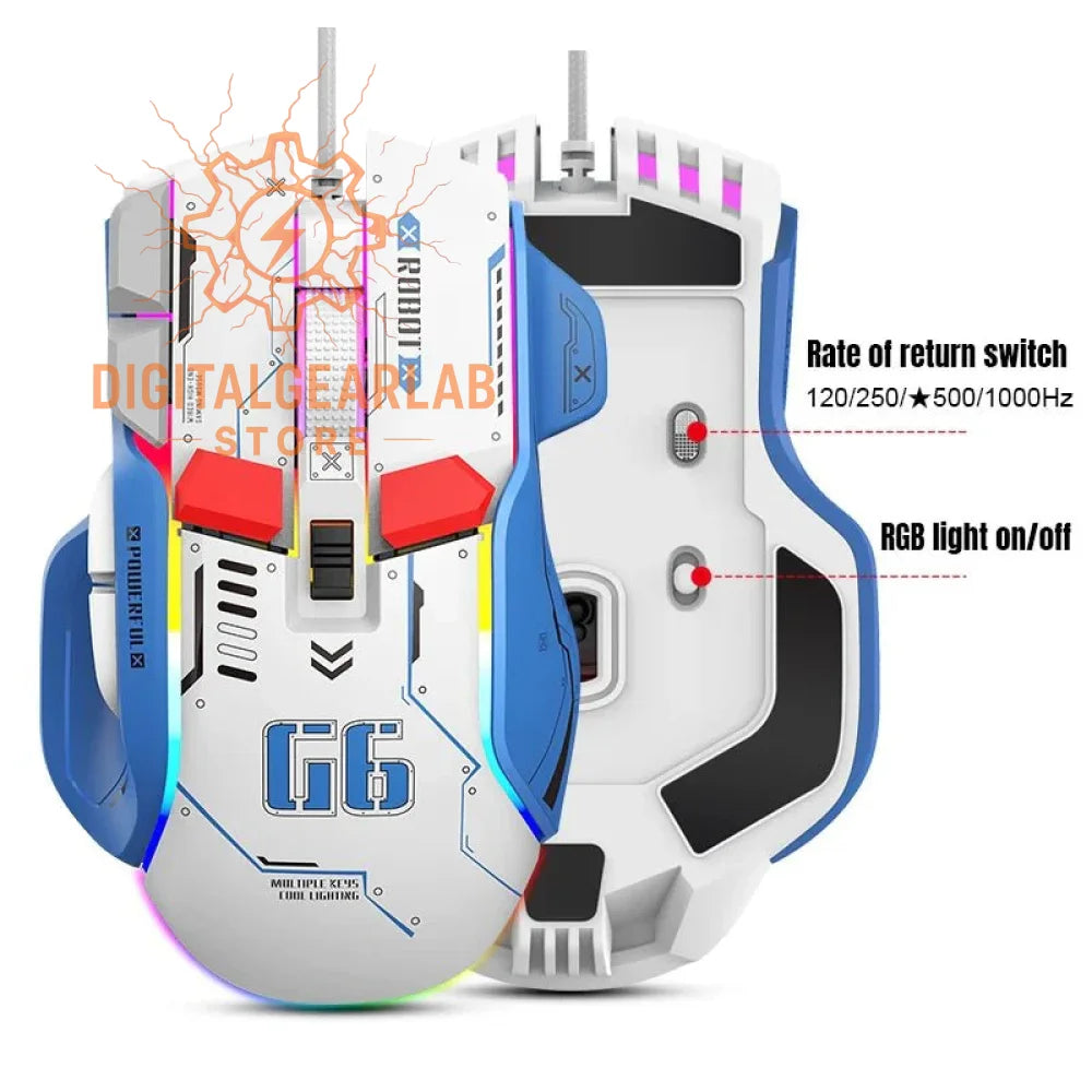 White and blue gaming mouse with red accents, ergonomic design, rgb lighting, rate of return switch, popular brand ’razer’ model ’deathadder v2 pro.’