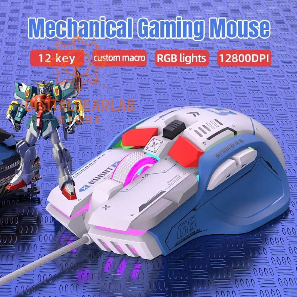 Mechanical gaming mouse with 12 keys, custom macro function and rgb lights in white, blue, red, black, silver, and pink colors.