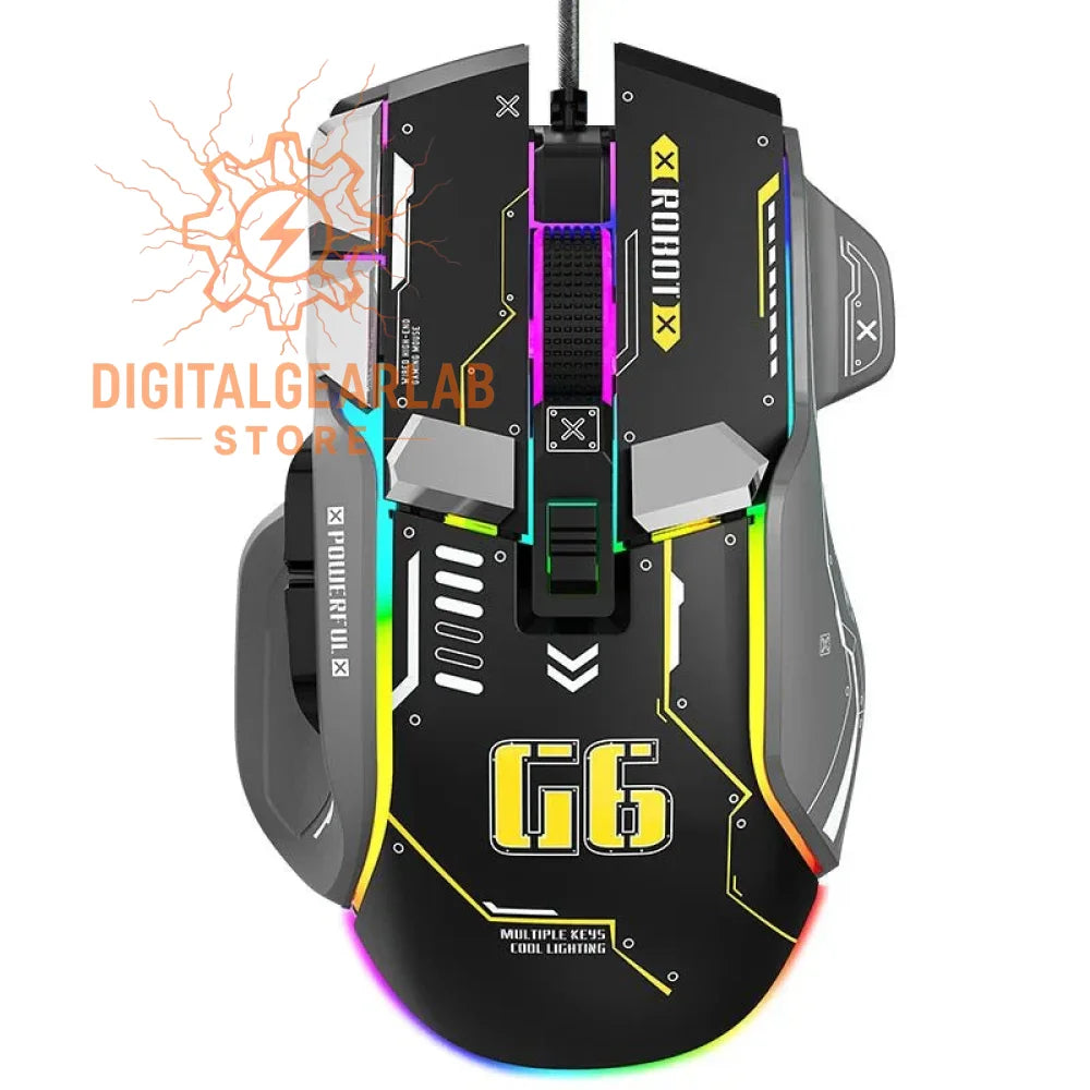 Black and yellow gaming mouse with rgb lighting, multiple buttons, ergonomic design, and a sleek finish.