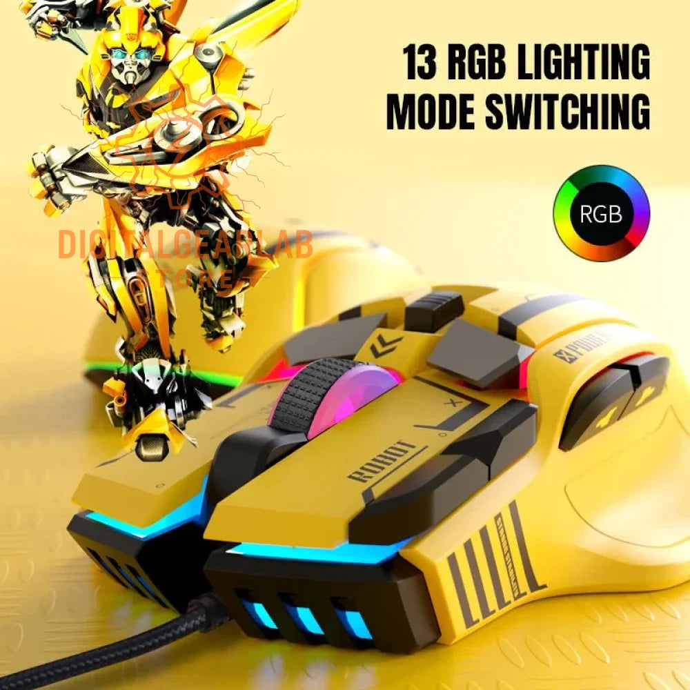 Yellow and black gaming mouse with rgb lighting modes.