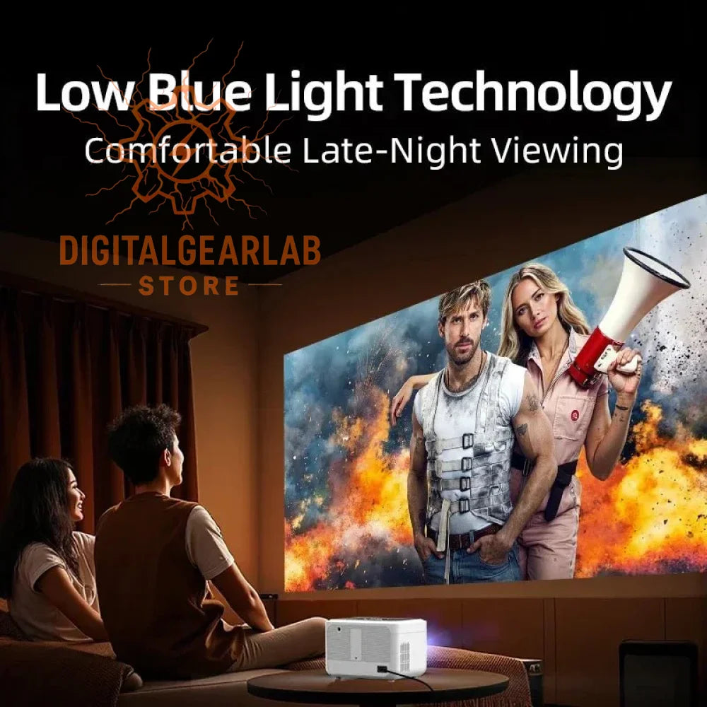 4k projector with low blue light technology, white body and black lens.