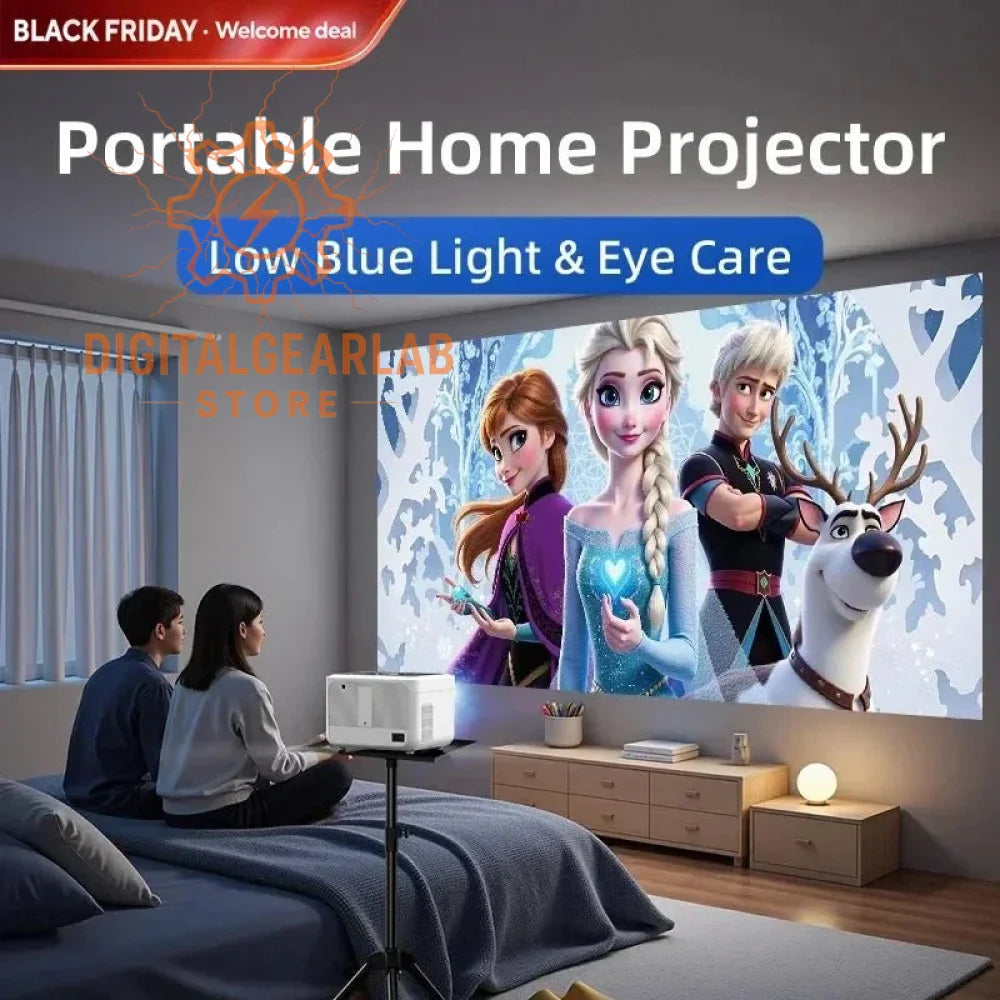 Black friday portable home projector with low blue light and eye care features, displaying frozen characters on a white screen.