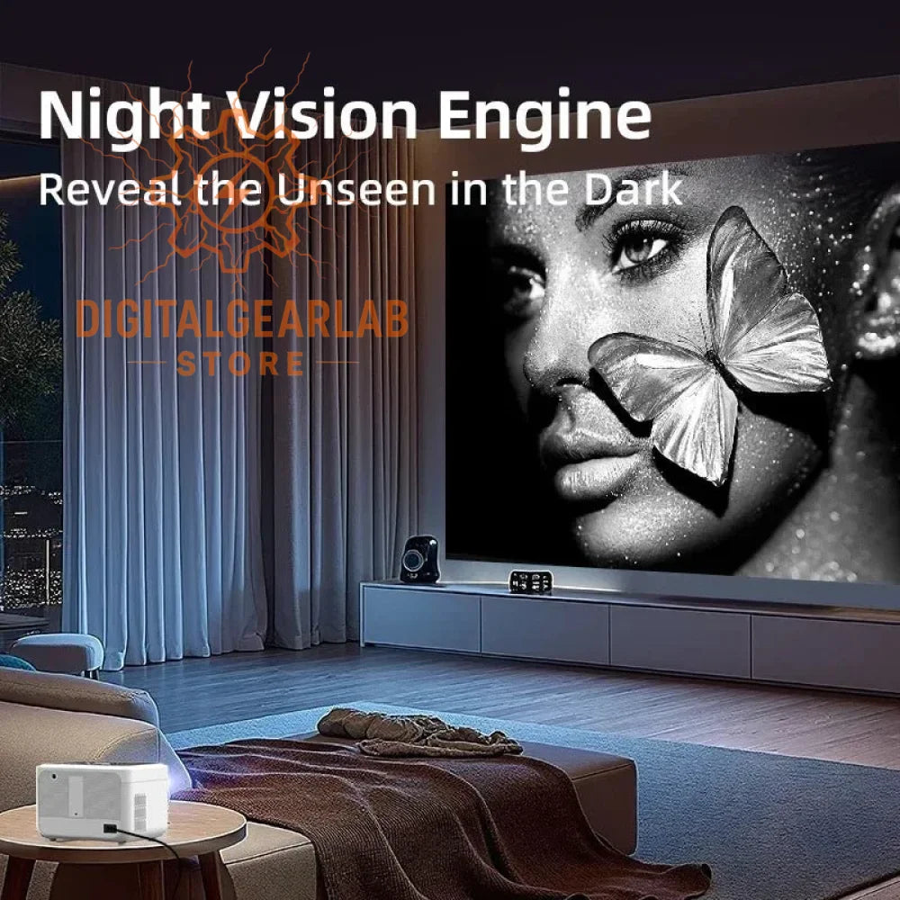 4k projector with night vision engine, black and silver design.