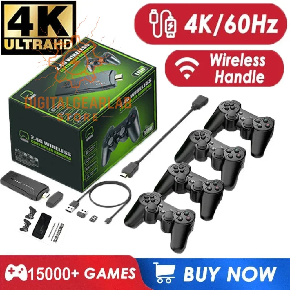 Black plastic 2.4g wireless gamepad controllers with standard button layout and analog sticks, shown alongside their packaging and accessories for a 4k ultra hd gaming system.