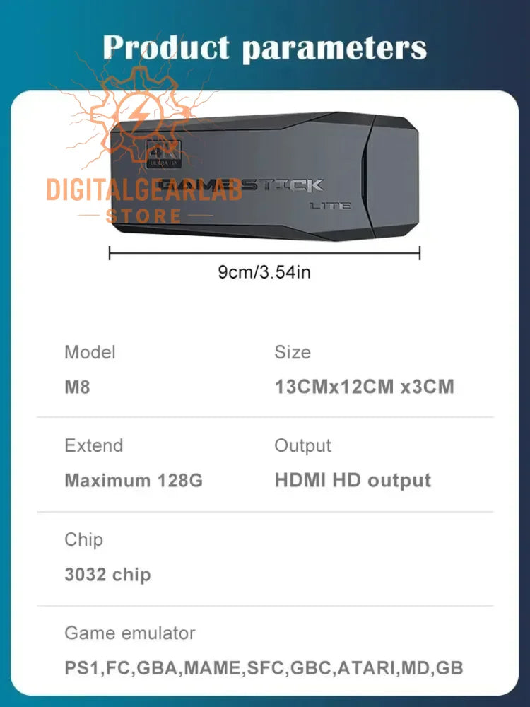 Black matte-finish game stick lite m8 gaming device with 4k ultra hd logo and hdmi output.